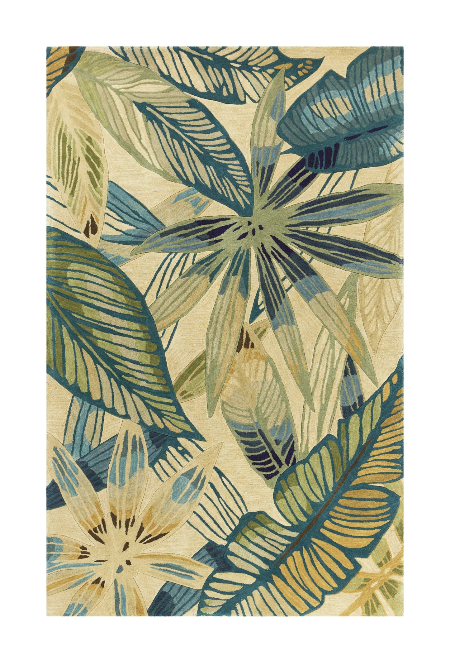 3' X 5' Ivory Teal And Green Wool Tropical Botanical Hand Tufted Area Rug