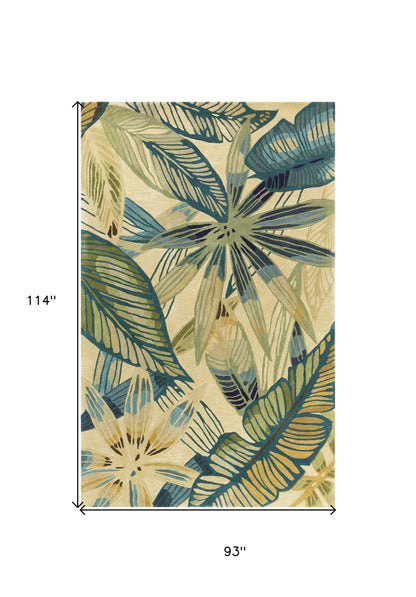 9' X 12' Ivory and Blue Wool Tropical Botanical Handmade Area Rug