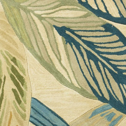 3' X 5' Ivory Teal And Green Wool Tropical Botanical Hand Tufted Area Rug