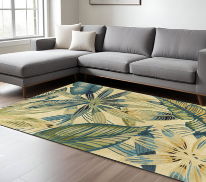 3' X 5' Ivory Teal And Green Wool Tropical Botanical Hand Tufted Area Rug