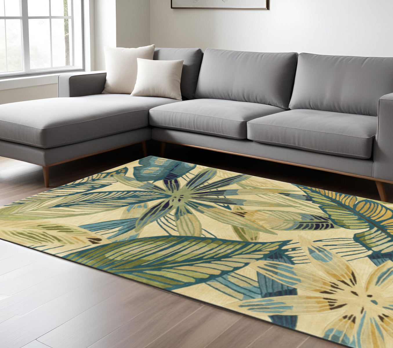 3' X 5' Ivory Teal And Green Wool Tropical Botanical Hand Tufted Area Rug