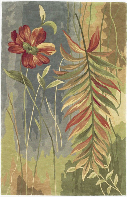 8' Blue And Green Round Wool Tropical Botanical Hand Tufted Area Rug