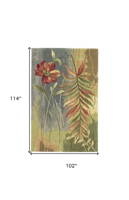 4' X 6' Blue And Green Wool Tropical Botanical Hand Tufted Area Rug