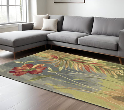 4' X 6' Blue And Green Wool Tropical Botanical Hand Tufted Area Rug