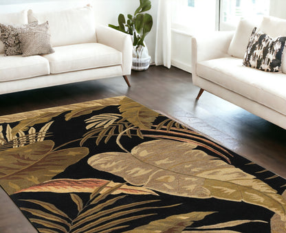 8' X 11' Midnight Black Hand Tufted Tropical Leaves Indoor Area Rug