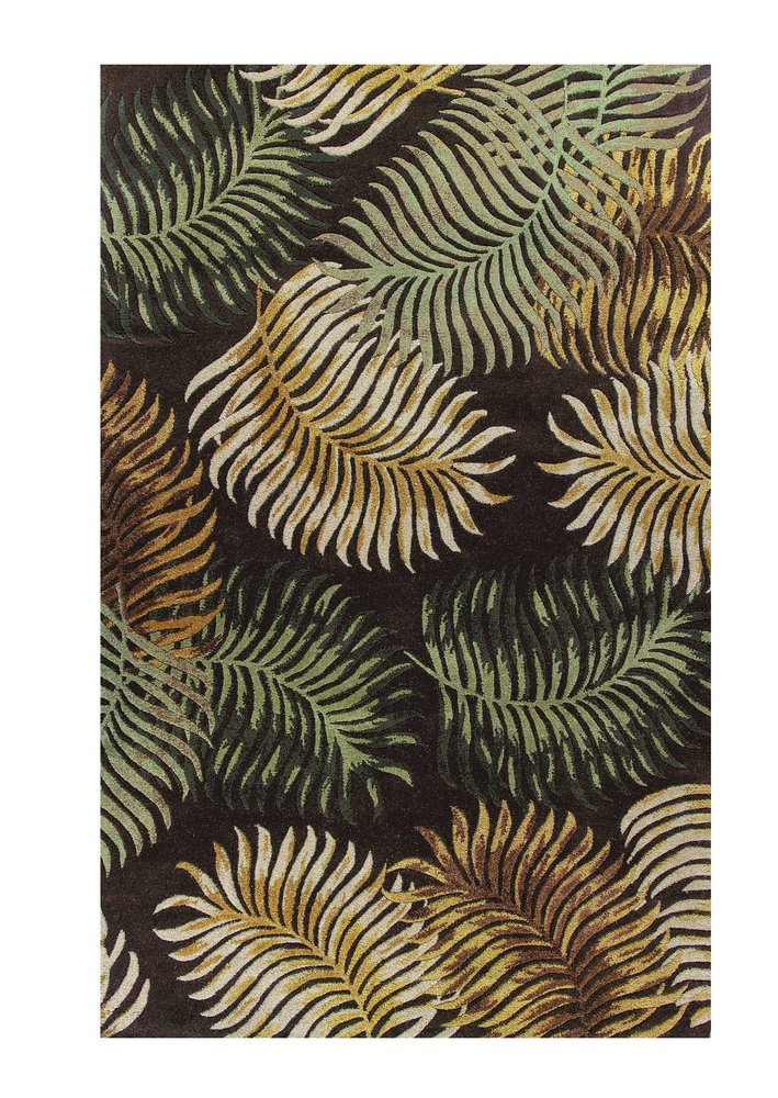 3' X 5' Espresso Beige And Green Wool Botanical Leaves Hand Tufted Area Rug