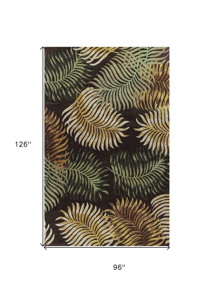 8' Espresso Beige And Green Wool Botanical Leaves Hand Tufted Runner Rug