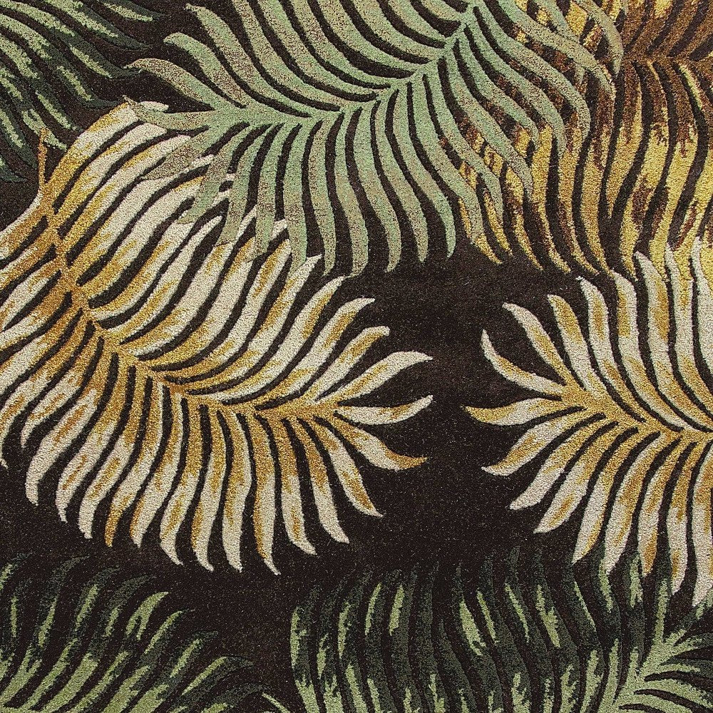 8' Espresso Beige And Green Wool Botanical Leaves Hand Tufted Runner Rug