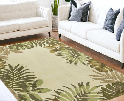 5' X 8' Ivory Hand Tufted Bordered Tropical Leaves Indoor Area Rug