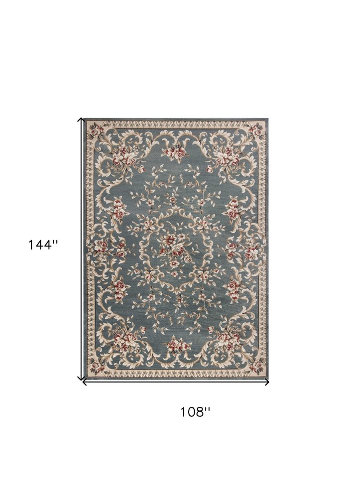9' X 12' Slate Blue And Red Floral Medallion Area Rug