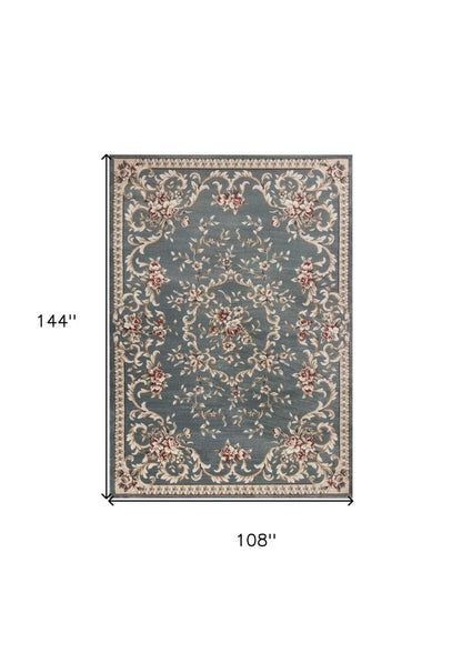 9' X 12' Slate Blue And Red Floral Medallion Area Rug