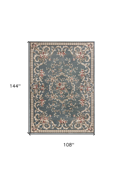 8' X 10' Slate Blue Floral Bordered Indoor Area Rug