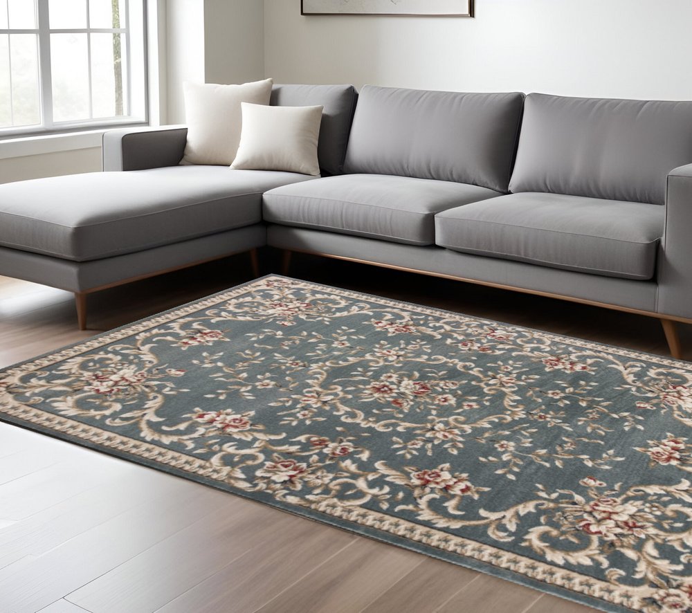 9' X 12' Slate Blue And Red Floral Medallion Area Rug
