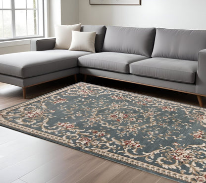 9' X 12' Slate Blue And Red Floral Medallion Area Rug
