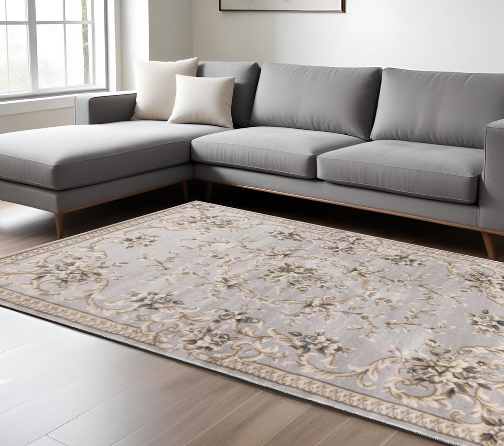 9' X 12' Light Gray Green And Tan Floral Medallion Area Rug