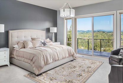 8' Light Gray Green And Tan Floral Medallion Round Rug