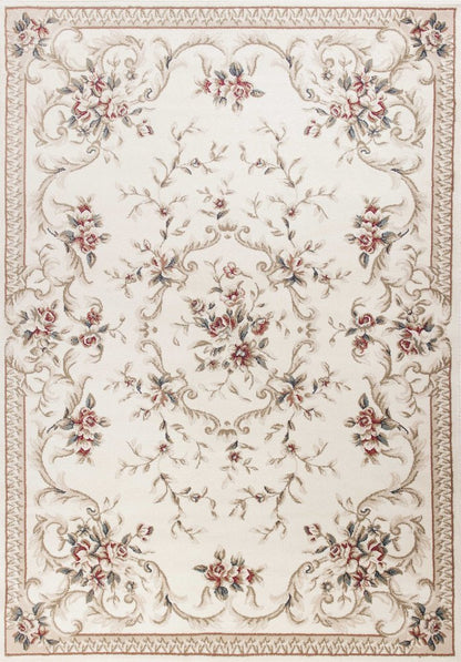 8' Ivory Red And Green Floral Medallion Round Rug