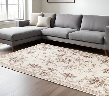 9' X 12' Ivory Red And Green Floral Medallion Area Rug