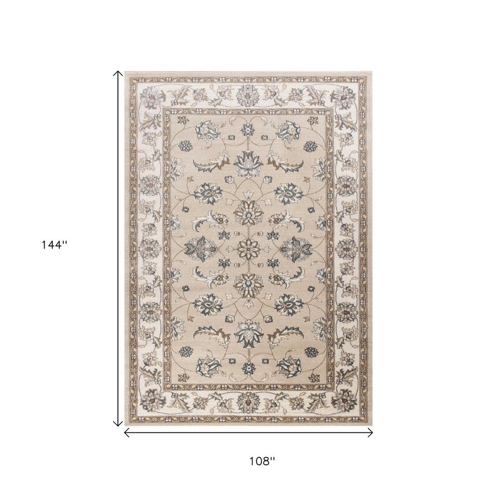 9' X 12' Beige And Ivory Floral Medallion Area Rug