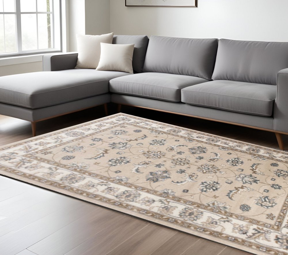 9' X 12' Beige And Ivory Floral Medallion Area Rug