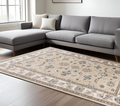 8' Beige And Ivory Floral Medallion Round Rug