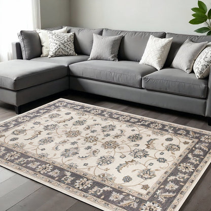 9' X 12' Gray And Ivory Floral Medallion Area Rug