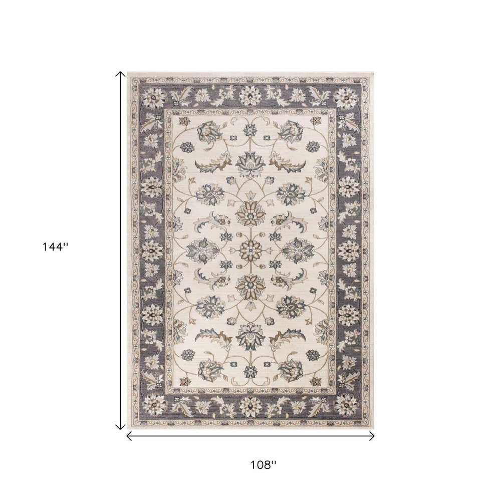 9' X 12' Gray And Ivory Floral Medallion Area Rug