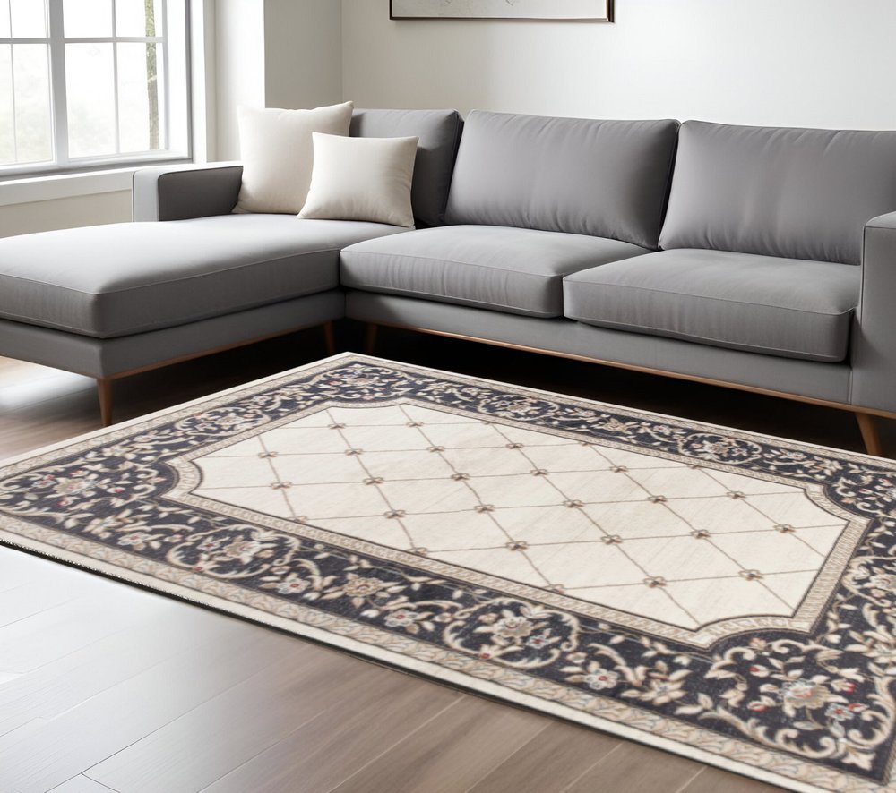 9' X 12' Ivory And Gray Floral Area Rug