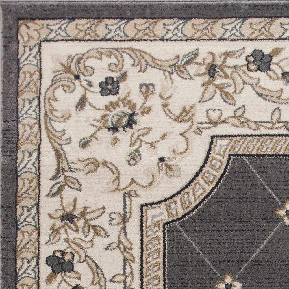 9' X 12' Gray And Ivory Floral Area Rug