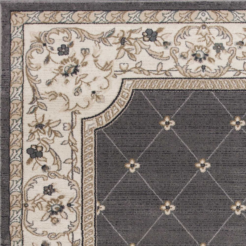 9' X 12' Gray And Ivory Floral Area Rug