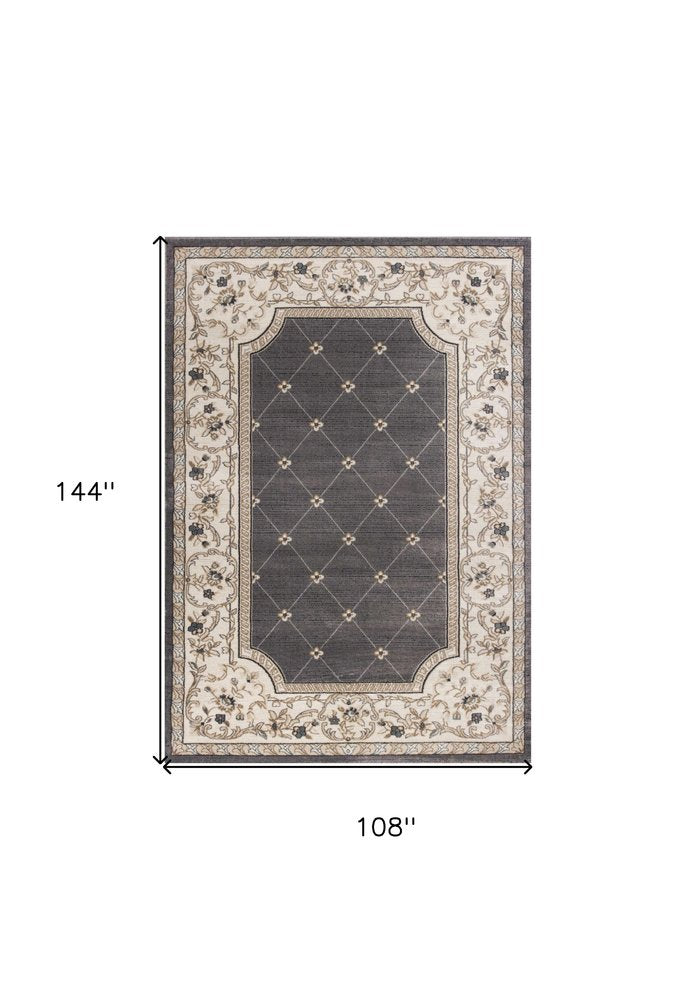 9' X 12' Gray And Ivory Floral Area Rug