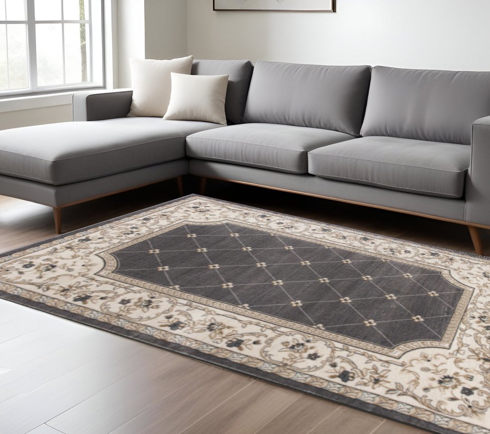 9' X 12' Gray And Ivory Floral Area Rug
