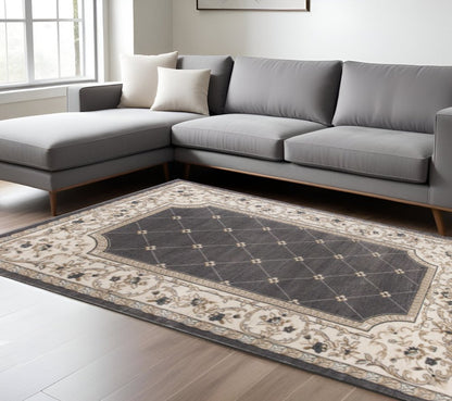 9' X 12' Gray And Ivory Floral Area Rug
