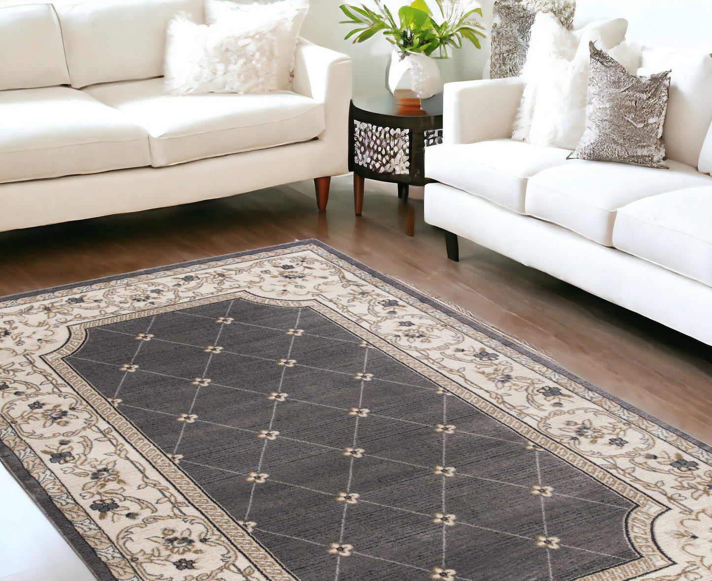 8' X 10' Grey Or Ivory Diamond Floral Bordered Indoor Area Rug