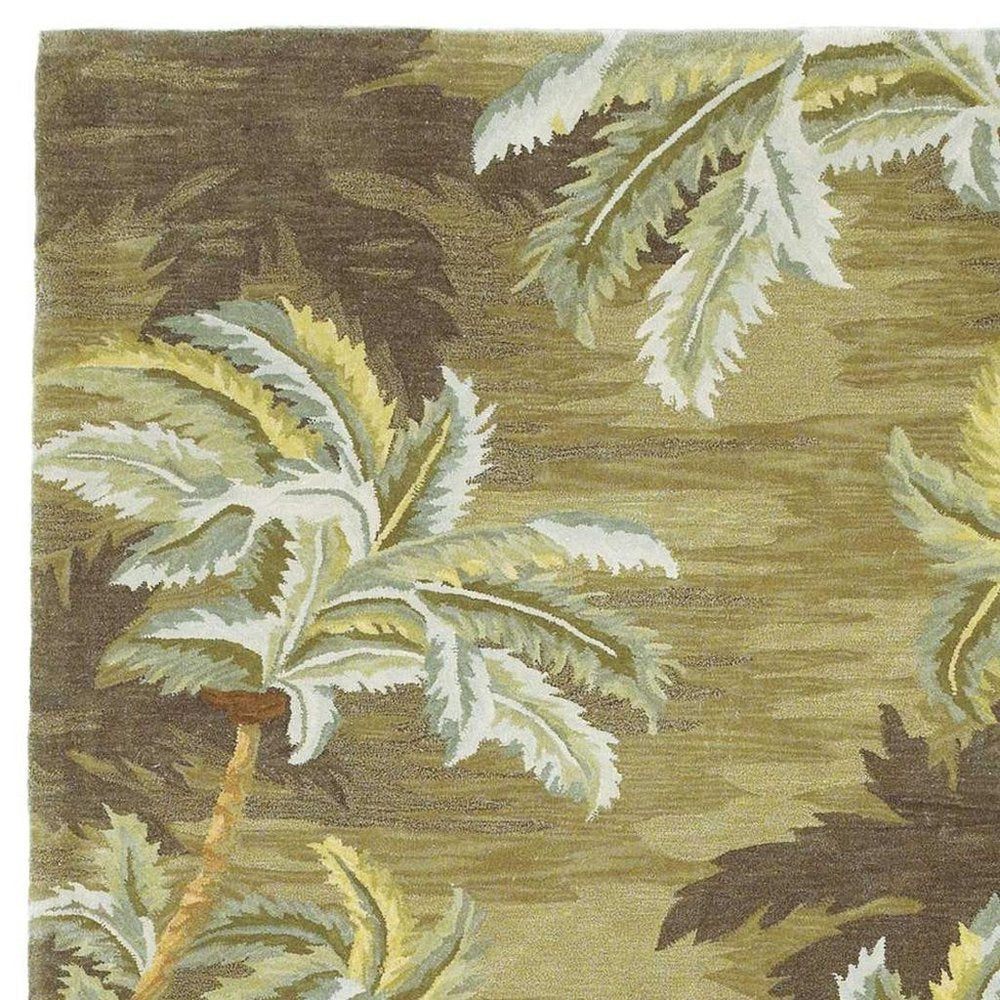 8' X 10' Moss Green And Yellow Wool Tropical Botanical Hand Tufted Area Rug