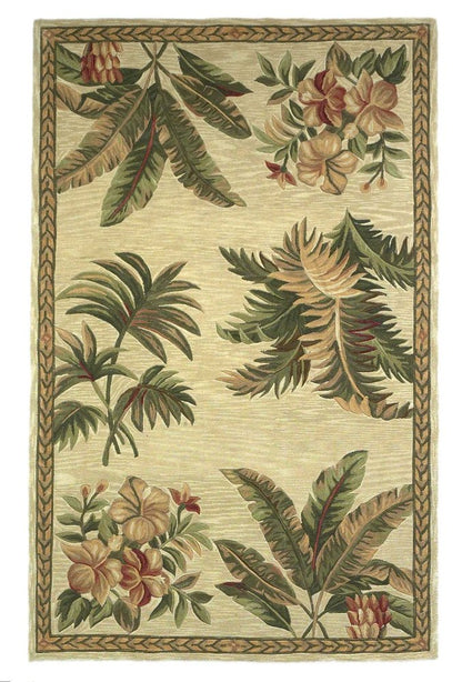 5' X 8' Ivory Green And Brown Wool Tropical Botanical Hand Tufted Area Rug