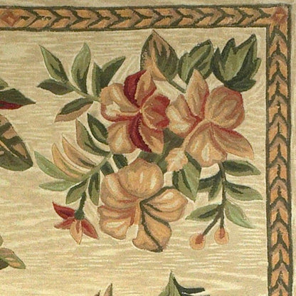 10' Ivory Green And Brown Wool Tropical Botanical Hand Tufted Runner Rug