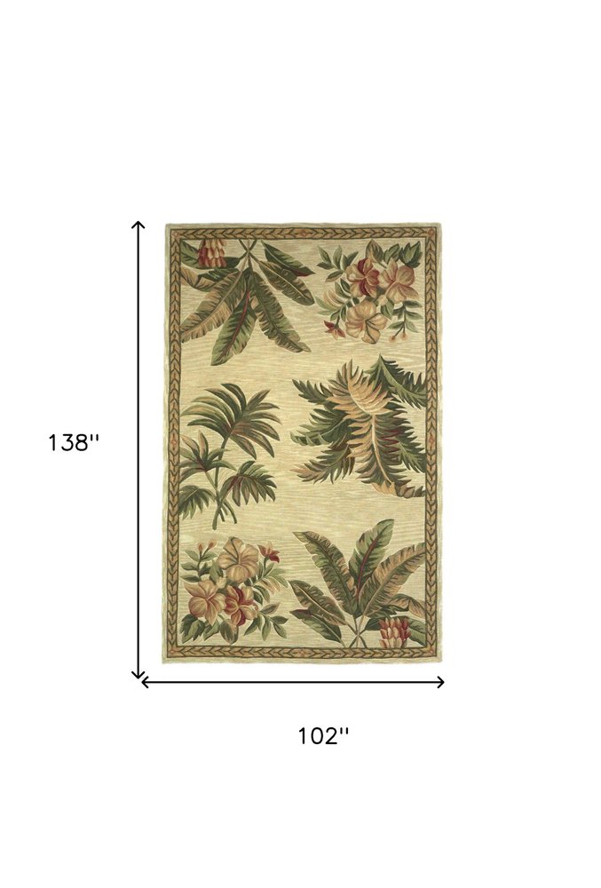5' X 8' Ivory Green And Brown Wool Tropical Botanical Hand Tufted Area Rug