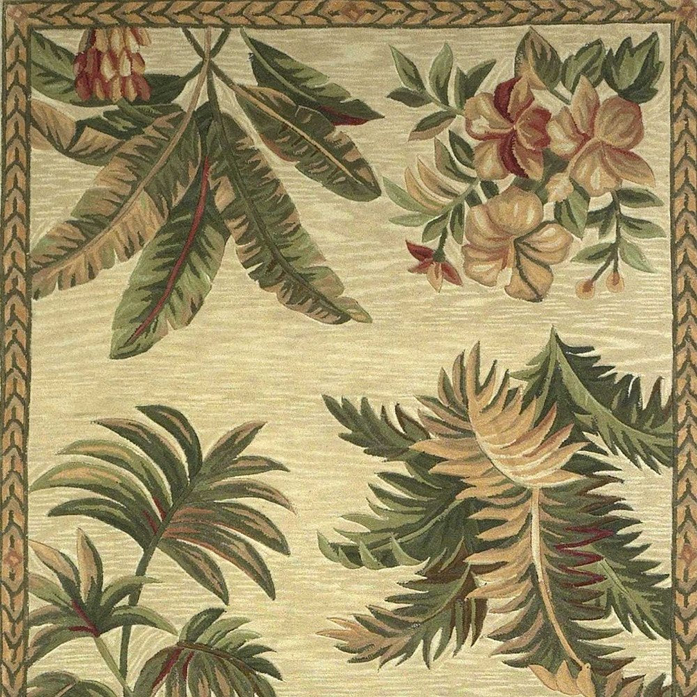 5' X 8' Ivory Green And Brown Wool Tropical Botanical Hand Tufted Area Rug