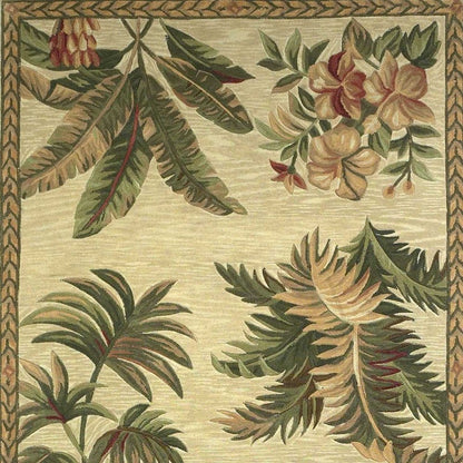 5' X 8' Ivory Green And Brown Wool Tropical Botanical Hand Tufted Area Rug