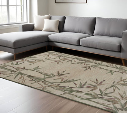 10' Ivory Green And Brown Wool Botanical Leaves Hand Tufted Runner Rug