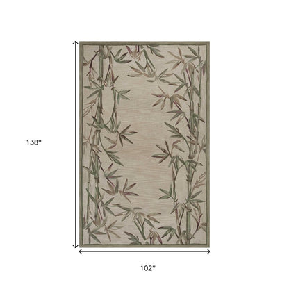 10' Ivory Green And Brown Wool Botanical Leaves Hand Tufted Runner Rug
