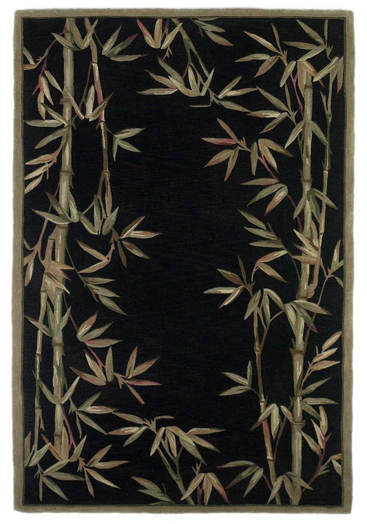 8' X 11' Black Green And Brown Wool Tropical Botanical Hand Tufted Area Rug
