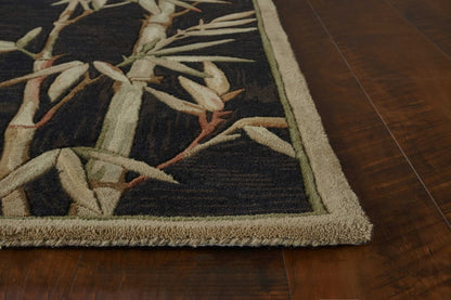 8' X 11' Black Green And Brown Wool Tropical Botanical Hand Tufted Area Rug