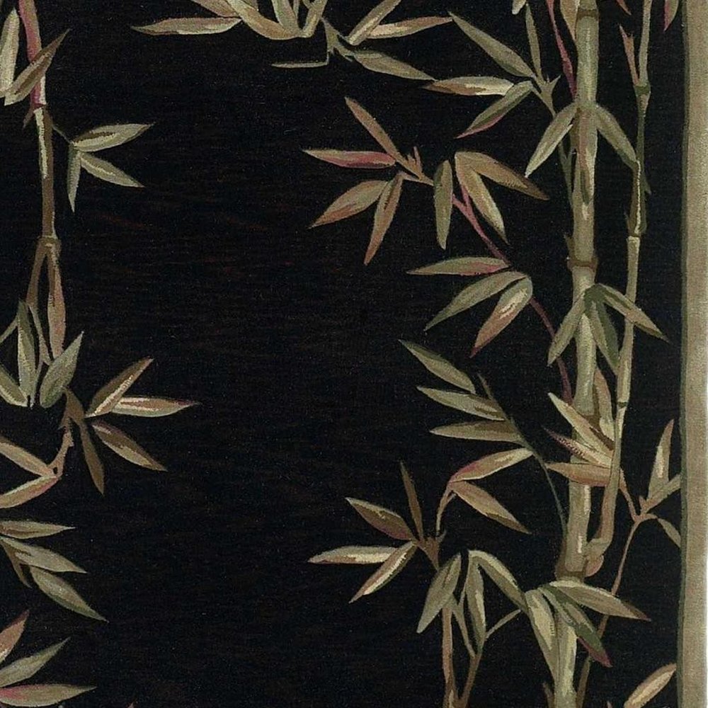 8' X 11' Black Green And Brown Wool Tropical Botanical Hand Tufted Area Rug
