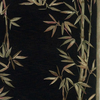 8' X 11' Black Green And Brown Wool Tropical Botanical Hand Tufted Area Rug