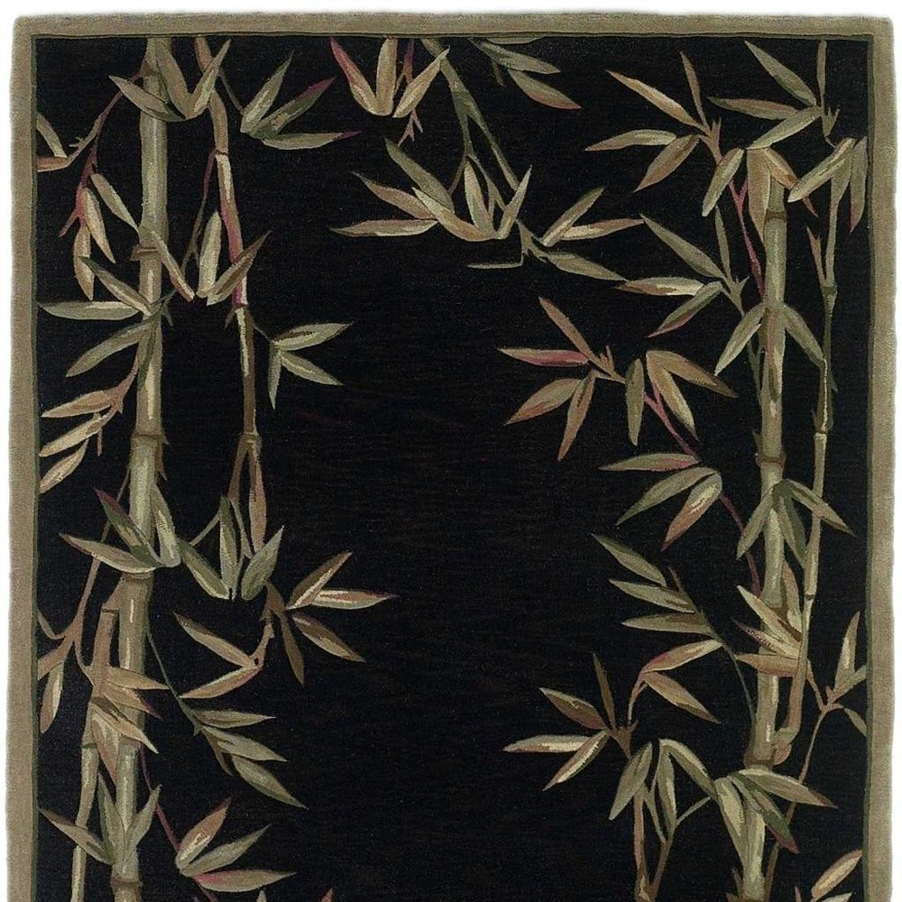 8' X 11' Black Green And Brown Wool Tropical Botanical Hand Tufted Area Rug