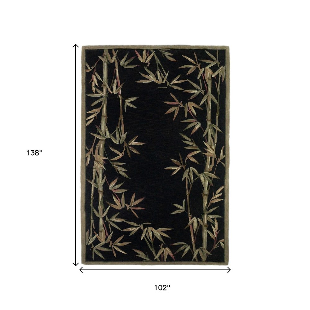 8' X 11' Black Green And Brown Wool Tropical Botanical Hand Tufted Area Rug