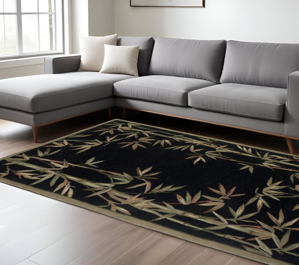 8' X 11' Black Green And Brown Wool Tropical Botanical Hand Tufted Area Rug