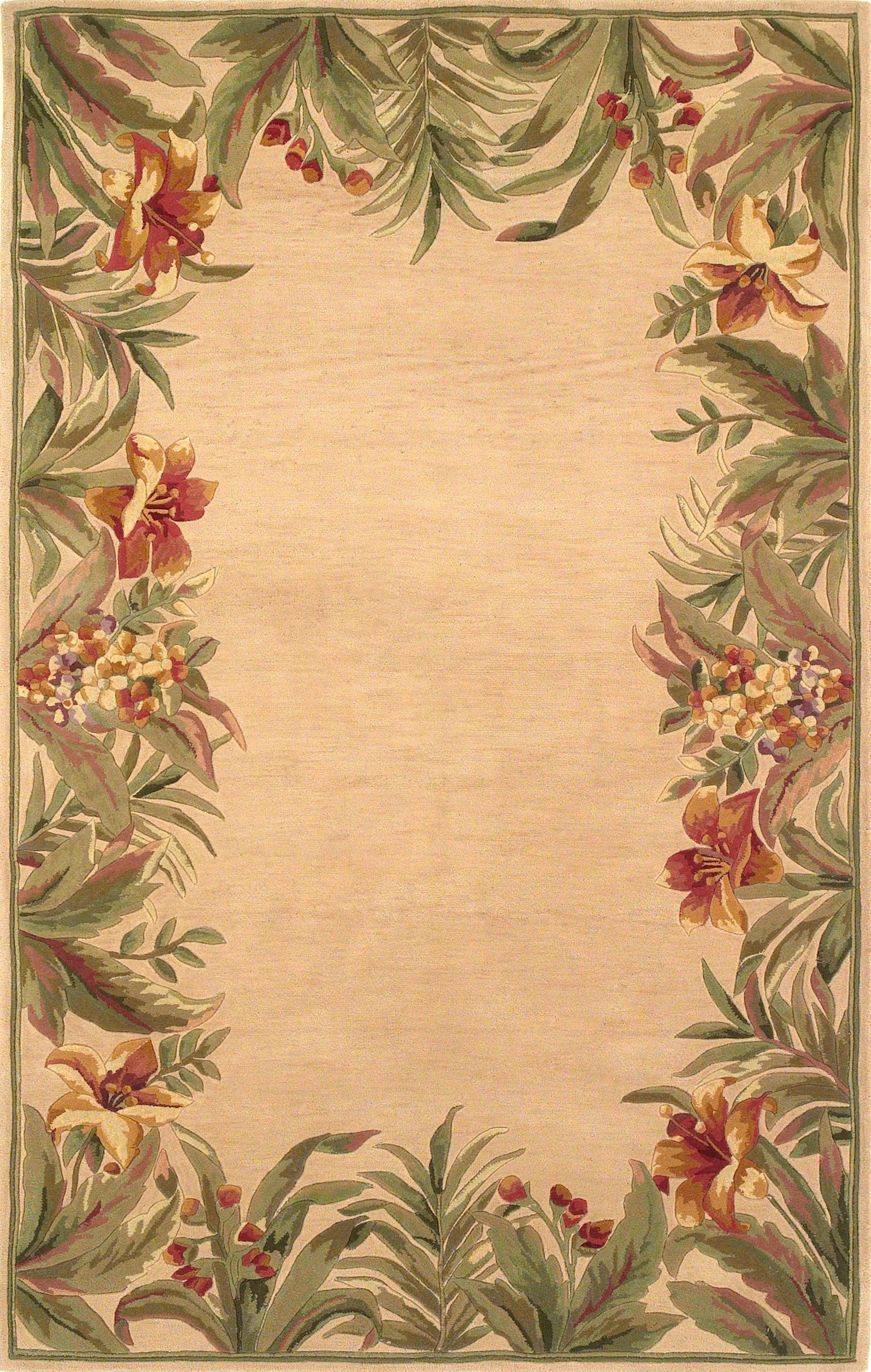 10' Beige Red And Green Wool Tropical Floral Hand Tufted Runner Rug